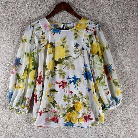 Calvin Klein Blouse NWT Size Medium White Multi Floral Chiffon Long Sleeve Top - Picture 4 of 13